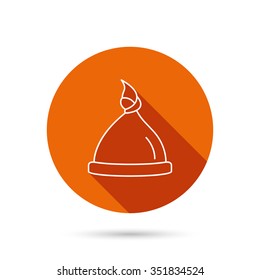 Baby hat icon. Newborn cap sign. Toddler sleeping clothes symbol. Round orange web button with shadow.