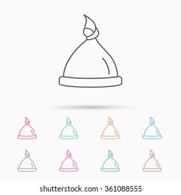 Baby hat icon. Newborn cap sign. Toddler sleeping clothes symbol. Linear icons on white background.
