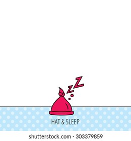 Baby hat with nodule icon. Newborn cap sign. Toddler sleeping clothes symbol. Circles seamless pattern. Background with red icon. Vector