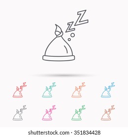 Baby hat with nodule icon. Newborn cap sign. Toddler sleeping clothes symbol. Linear icons on white background.