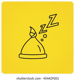 Baby hat with nodule icon. Newborn cap sign. Toddler sleeping clothes symbol. Linear icon on orange background. Vector