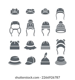 Los sombreros de bebé son iconos de silueta sólida. Pictogramas planos simples de ropa para niños. Sombreros, gorras, sombreros para recién nacidos, niños pequeños, niños pequeños o niñas. Prendas de vestir para niños. Sombrero cálido con orejas de oso