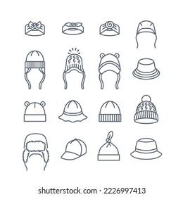 Baby hats thin line icons. Simple linear pictograms of kids clothes. Cute hats, caps, panamas for newborn child, toddler, little boy or girl. Children wardrobe garment. Warm knitted hat with bear ears svg