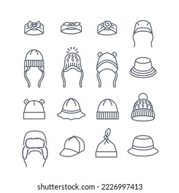 Los sombreros de bebé son iconos de línea delgada. Pictogramas lineales simples de ropa infantil. Sombreros, gorras, panamas para recién nacidos, niños pequeños, niños pequeños o niñas. Prendas de vestir para niños. Sombrero de punto cálido con orejas de oso