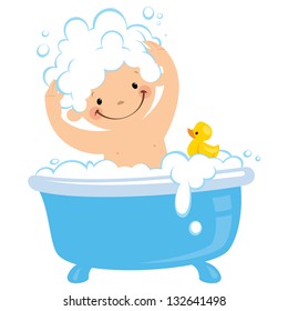 A baby having bath in a bathtub