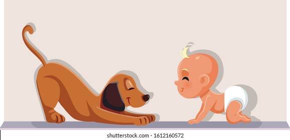 Baby Having a Dog as Pet Vector Cartoon. Newborn crawling with his domestic animal friend
