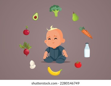 
Baby Having a Healthy and Nutritious Diet Vector Cartoon Illustration. Funny little infant having diverse and balanced nutritional habits 
