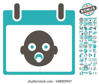 Baby Head Calendar Day pictograph with bonus calendar and time management clip art. Vector illustration style is flat iconic symbols, grey and cyan, white background.