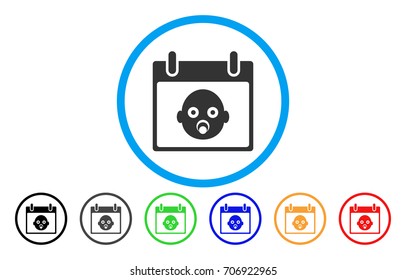 Baby Head Calendar Day vector rounded icon. Image style is a flat gray icon symbol inside a blue circle. Additional color variants are gray, black, blue, green, red, orange.