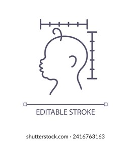 Icono lineal para la comprobación de la cabeza del bebé. Examen pediátrico. Desarrollo infantil. Gráfico de crecimiento. Visita del doctor. Detección temprana. Ilustración de línea delgada. Símbolo de contorno. Dibujo del contorno del vector. Trazo editable