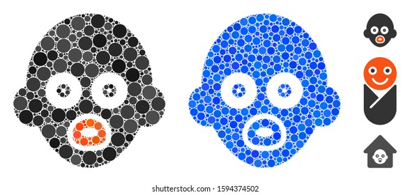 Baby head composition of round dots in different sizes and shades, based on baby head icon. Vector dots are organized into blue composition. Dotted baby head icon in usual and blue versions.