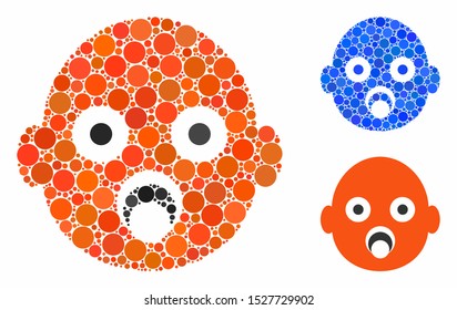 Baby head composition of small circles in variable sizes and color tints, based on baby head icon. Vector random circles are combined into blue composition.