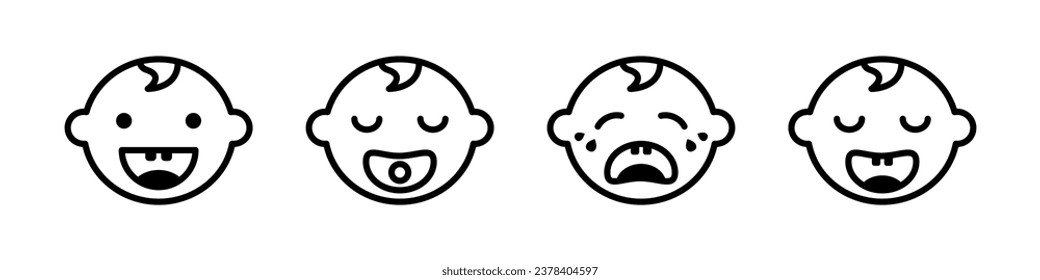 Baby head with emotions icon. Cute joyful and sleepy child with pacifier upset and crying and laughing vector enthusiastically