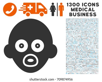Baby Head gray vector icon with 1300 medical commercial icons. Collection style is flat bicolor light blue and gray pictograms.