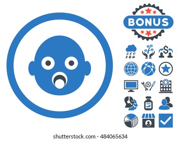 Baby Head icon with bonus elements. Vector illustration style is flat iconic bicolor symbols, smooth blue colors, white background.