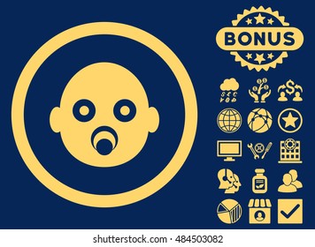 Baby Head icon with bonus elements. Vector illustration style is flat iconic symbols, yellow color, blue background.