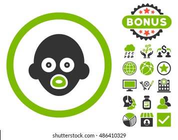 Baby Head icon with bonus elements. Vector illustration style is flat iconic bicolor symbols, eco green and gray colors, white background.