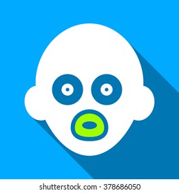 Baby Head long shadow vector icon. Style is a flat light symbol with rounded angles on a blue square background.