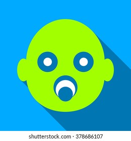 Baby Head long shadow vector icon. Style is a flat light symbol with rounded angles on a blue square background.