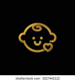 Baby Head With A Small Heart Outline gold plated metalic icon or logo vector