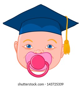 Baby head sucking a pink pacifier or dummy and wearing a blue graduation mortar cap with gold tassel conceptual of a graduation ceremony on the final day of college or university on achieving a degree