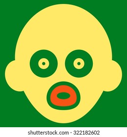 Baby Head vector icon. Style is bicolor flat symbol, orange and yellow colors, rounded angles, green background.