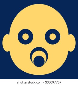 Baby Head vector icon. Style is flat symbol, yellow color, rounded angles, blue background.