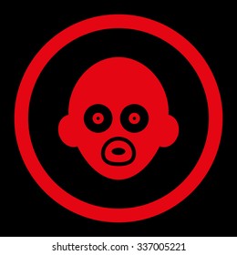 Baby Head vector icon. Style is flat rounded symbol, red color, rounded angles, black background.