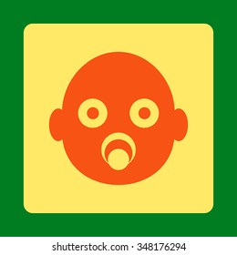 Baby Head vector icon. Style is flat rounded square button, orange and yellow colors, green background.