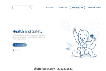 Baby Health Concept. Healthcare and Medical Web Page Design Template with Baby and Stethoscope in His Hand. Vector illustration