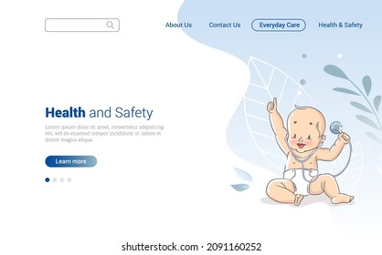 Baby Health Concept. Healthcare and Medical Web Page Design Template with Baby and Stethoscope in His Hand. Vector illustration