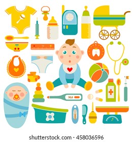 Baby health decorative icons set with newborn boy toys scales clothing carriage medical objects isolated vector illustration  