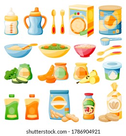 Baby healthy food in jars, bottles and boxes. Kids meal icons set, isolated on white background. Vector flat cartoon illustration of fruit and vegetable puree, porridge, milk and biscuits