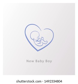 Baby in heart shape logo. Emblem with newborn boy in heart. Fetus in womb.Pediatric clinic sign. Baby health and care product emblem. It is a girl sign. baby shower card. Color vector illustration.