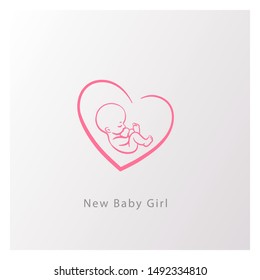 Baby in heart shape logo. Emblem with newborn girl in heart. Fetus in womb.Pediatric clinic sign. Baby health and care product emblem. It is a girl sign. baby shower card. Color vector illustration.