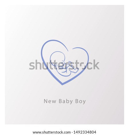 Baby in heart shape logo. Emblem with newborn boy in heart. Fetus in womb.Pediatric clinic sign. Baby health and care product emblem. It is a girl sign. baby shower card. Color vector illustration.