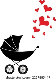 Baby heart in stroller heart happy valentines day on white background. Romantic set with childbirth element and symbol vector