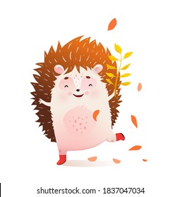 Baby hedgehog dance with fall leaves in autumn, clipart cartoon for children. Vector watercolor style cartoon.