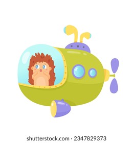 Baby hedgehog diving in submarine vector illustration. Cartoon isolated cute green underwater sea ship with funny sailor animal inside, summer undersea adventure of happy character in bathyscaphe