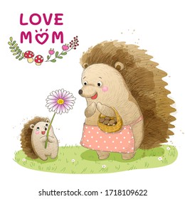 Baby hedgehog give flower for mom. Vector illustration in watercolour style.