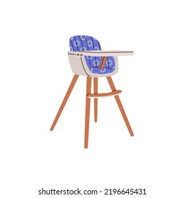 Baby high blue chair for eating at home with pattern. Raising Child. Feeding seat for infant with print of abstract circle. Modern child wooden chair on high legs.