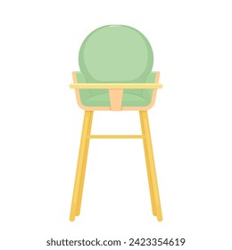 Baby high chair for eating at home front view. Feeding set for infant, cartoon vector illustration.