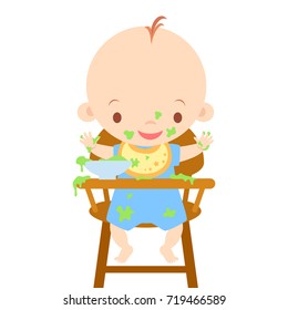 Baby In High Chair Eating Messy Vector Illustration