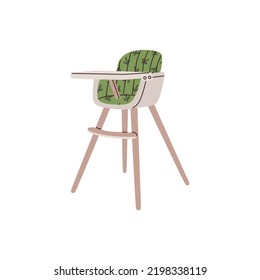 Baby high green chair for eating at home with pattern. Raising Child. Feeding seat for infant with print of cactus. Modern child wooden chair on high legs.