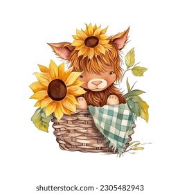 Baby Highland Cow in Picnic Basket with Sunflowers Watercolor Vector Illustration