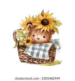 Baby Highland Cow in Picnic Basket with Sunflowers Watercolor Vector Illustration