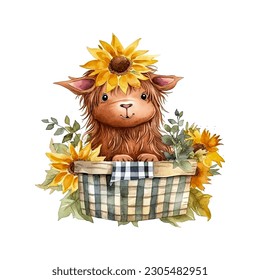 Baby Highland Cow in Picnic Basket with Sunflowers Watercolor Vector Illustration
