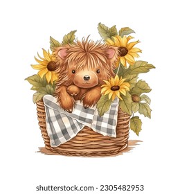 Baby Highland Cow in Picnic Basket with Sunflowers Watercolor Vector Illustration