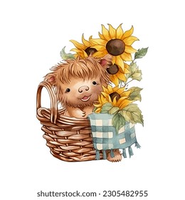 Baby Highland Cow in Picnic Basket with Sunflowers Watercolor Vector Illustration