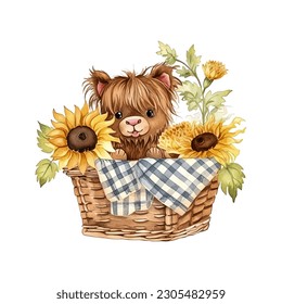 Baby Highland Cow in Picnic Basket with Sunflowers Watercolor Vector Illustration